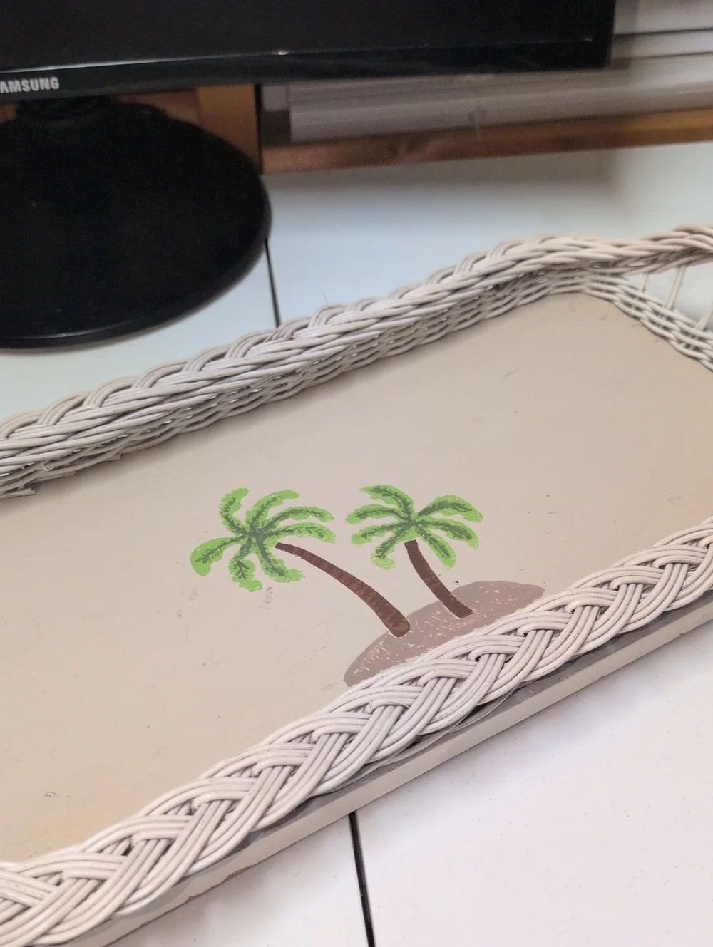 Vintage Coastal Palm-Print Beige Wicker Cocktail ServingTray